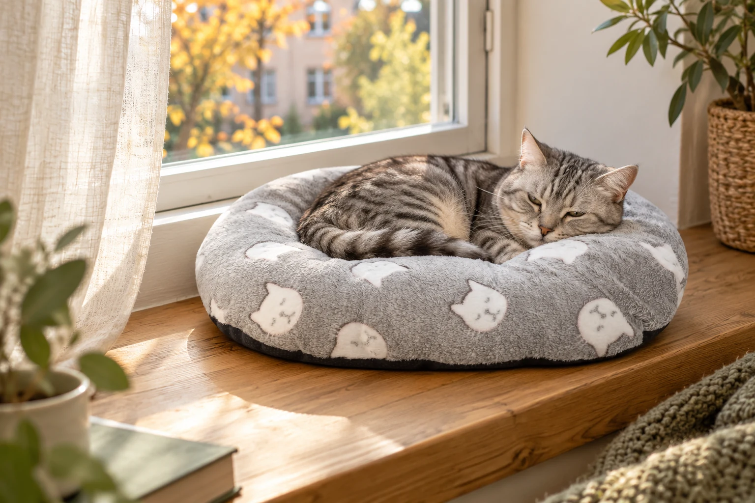 Kot odpoczywający w szarym legowisku Luna Cat przy oknie