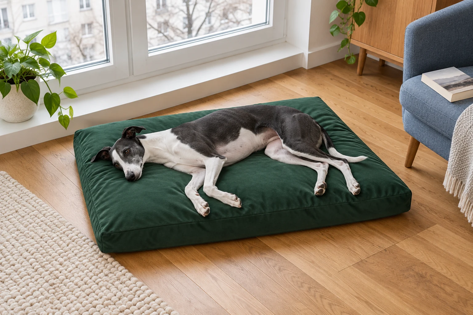 Whippet leżący na zielonym materacu Kosmo