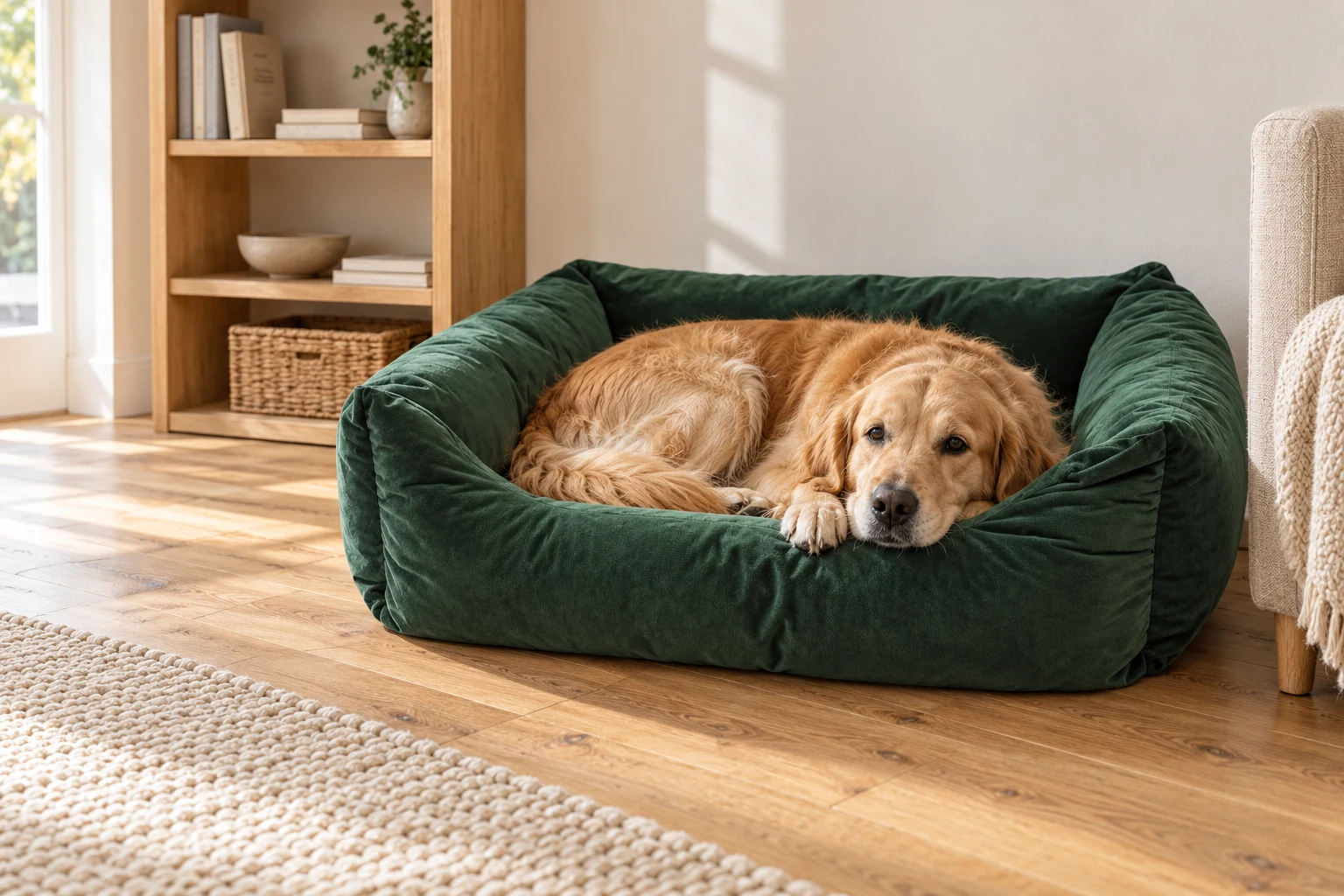 Golden retriever w zielonym legowisku Cezar