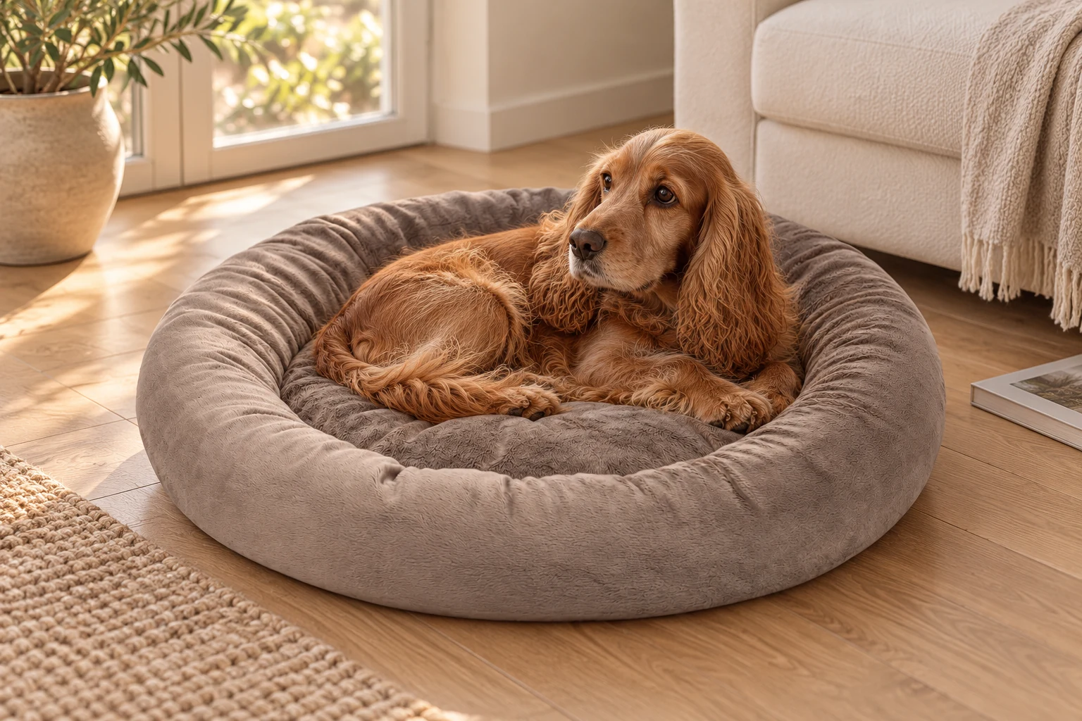 Cocker spaniel odpoczywający w okrągłym legowisku Cleo