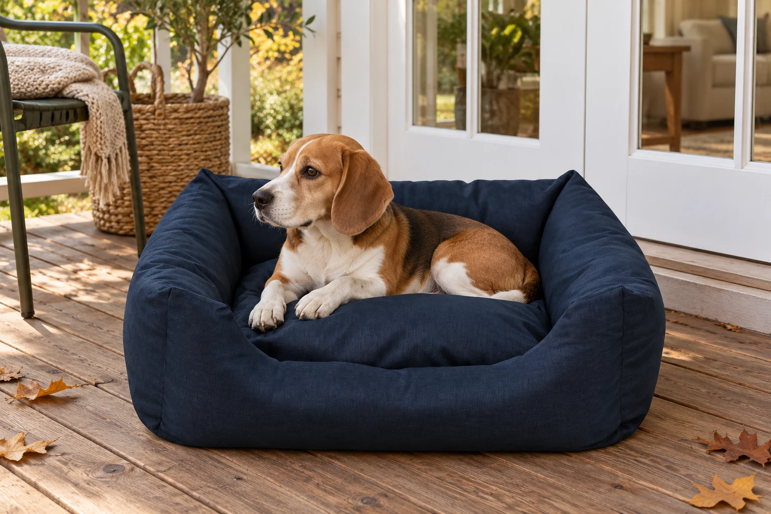 Beagle w granatowym legowisku Cezar Outdoor na zadaszonej werandzie